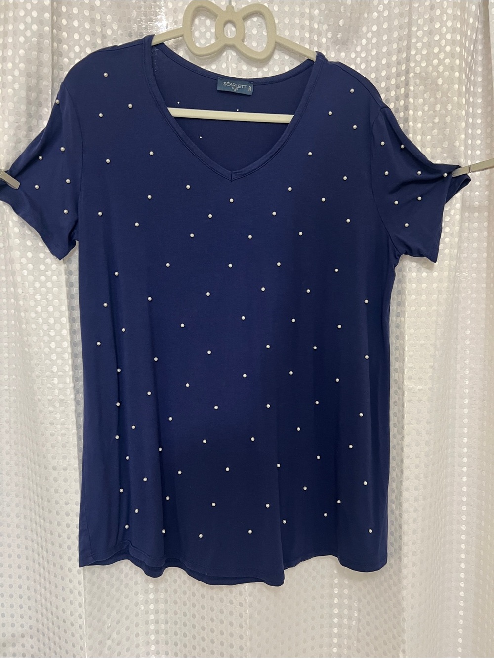 Scarlett Navy Short-Sleeve V-Neck Top with Pearl Dots